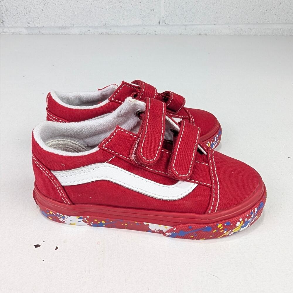 Vans Toddler 7 Old Skool V Paint Splatter/Racing Red Sneakers